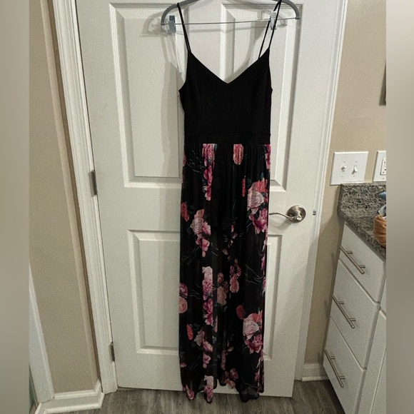 Black & Pink Floral Jumpsuit. Skirt with built in shorts! Size Medium. - Picture 1 of 5